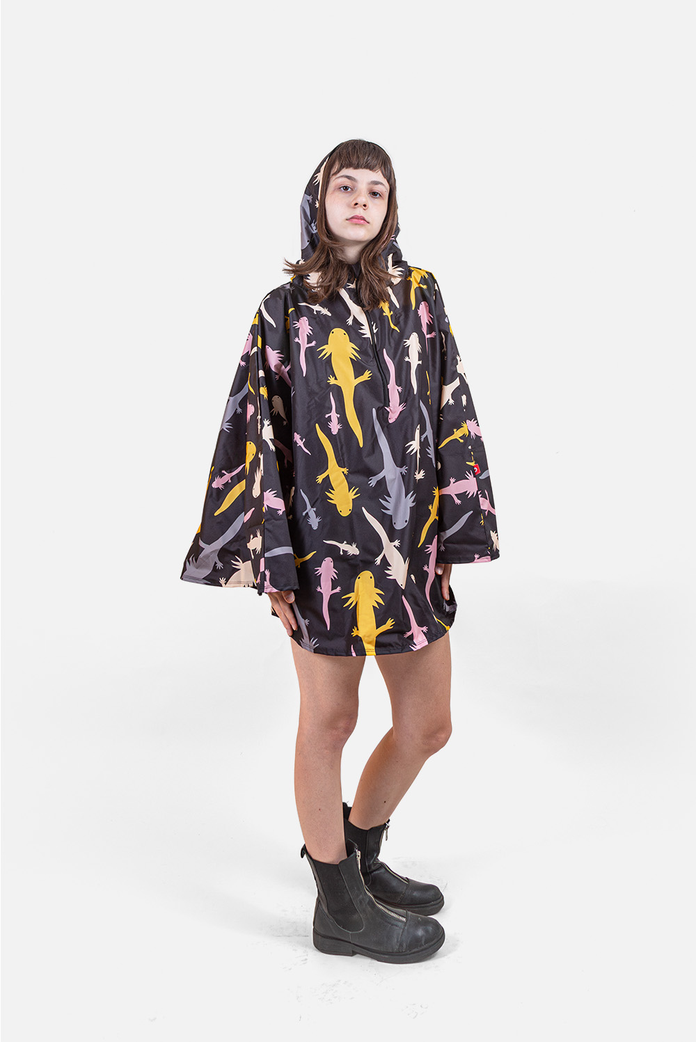 Rain Poncho Jacket Coat / Unisex / Axolotl veoveo.store-impermeable-ajolote-negro-adulto 01