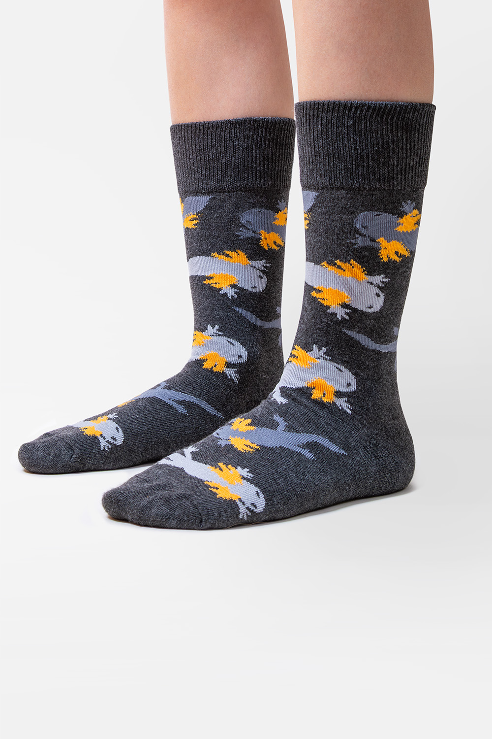 Axolotl Socks · Recycled Cotton · Designed in Mexico Grey socks with Mexican axolotl illustration VEOVEO